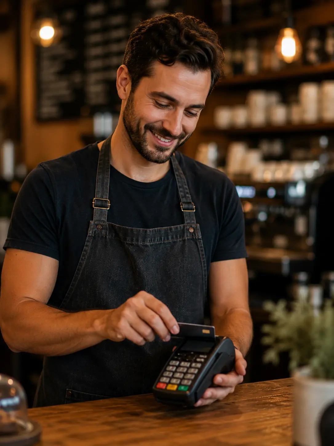 Business owner tapping payment terminal